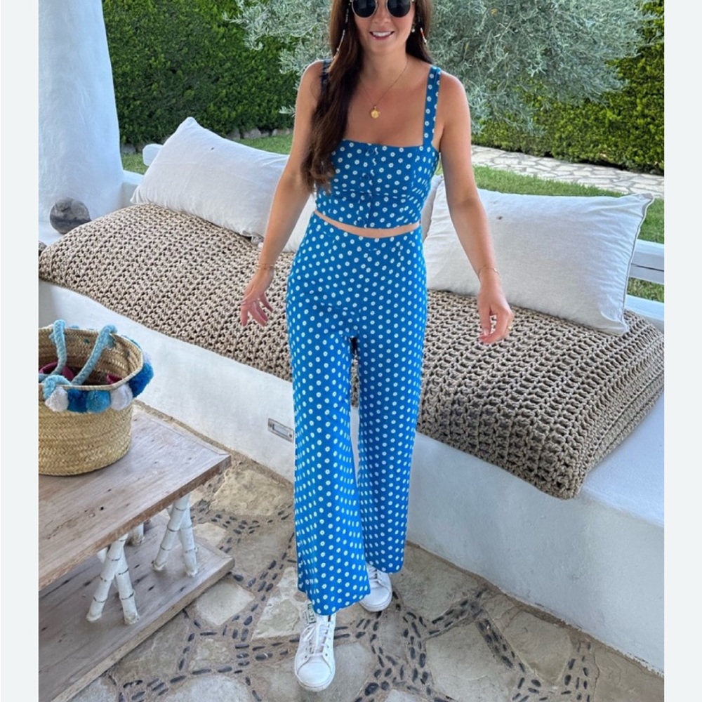 Reformation River Floral Two Piece Crop Top Pant Set Blue White Size 12